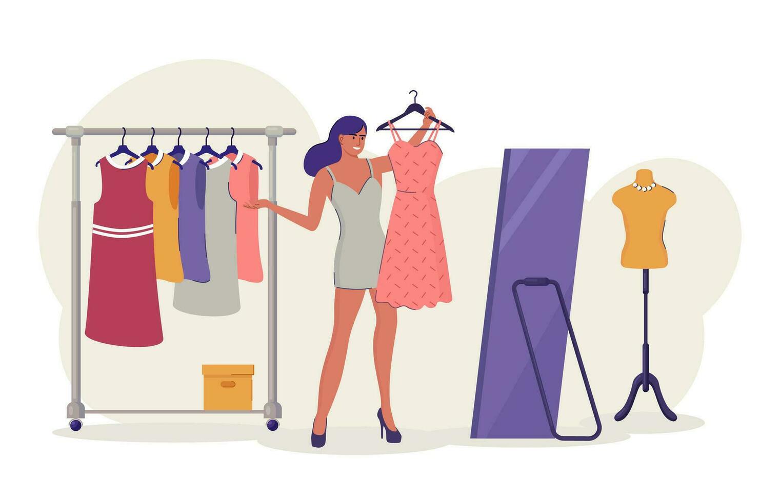 Woman is trying on a new dress in the store. Shopping concept. Girl standing near mirror and rack with hangers. Vector illustration