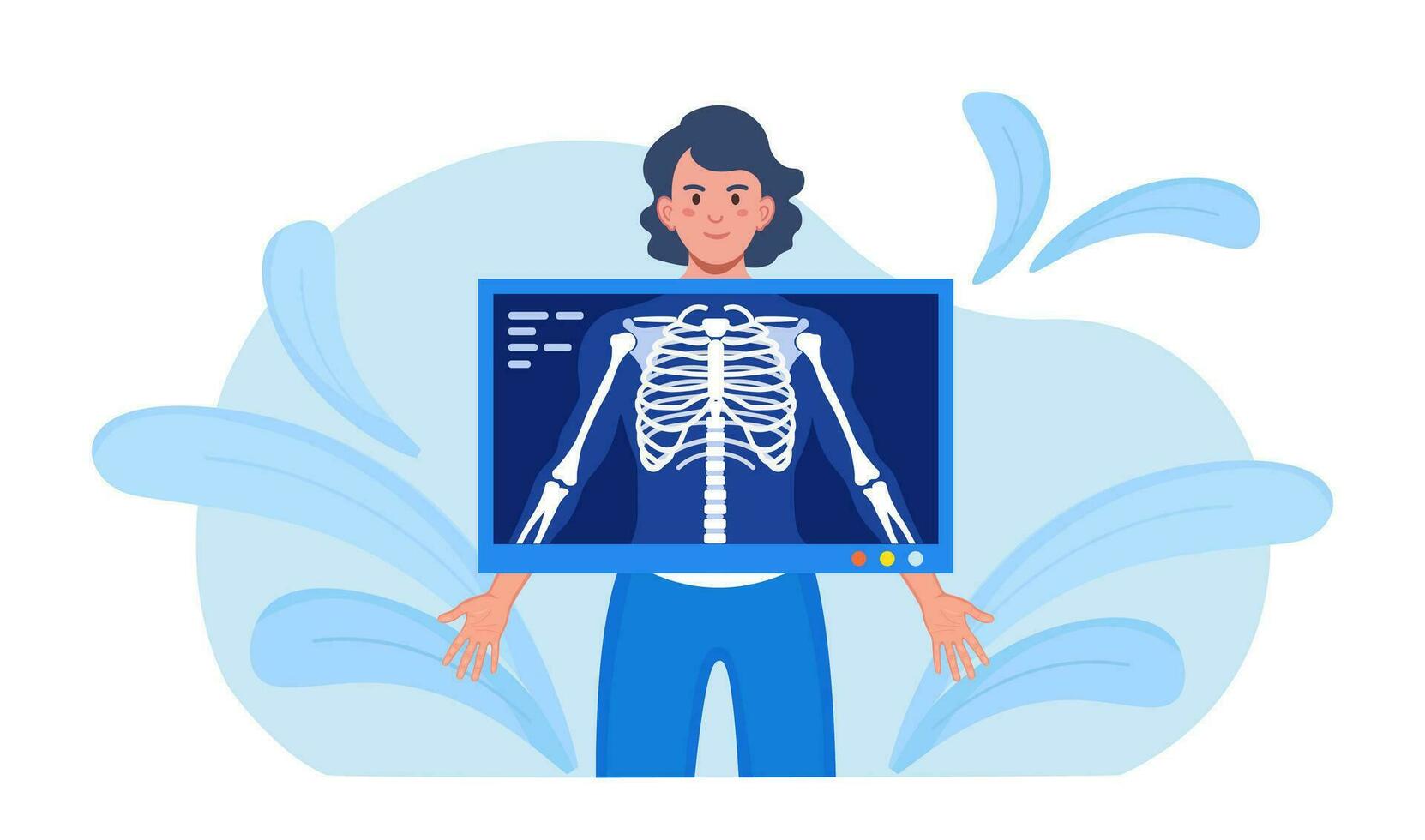 X-ray Medical Diagnostics Bones, Skeleton Checkup. Roentgen of Chest Bone. Radiology Body Scanner, Equipment Scanning Human Body for Patient Disease. Fluorography Exam. Injury and Trauma Diagnosis vector