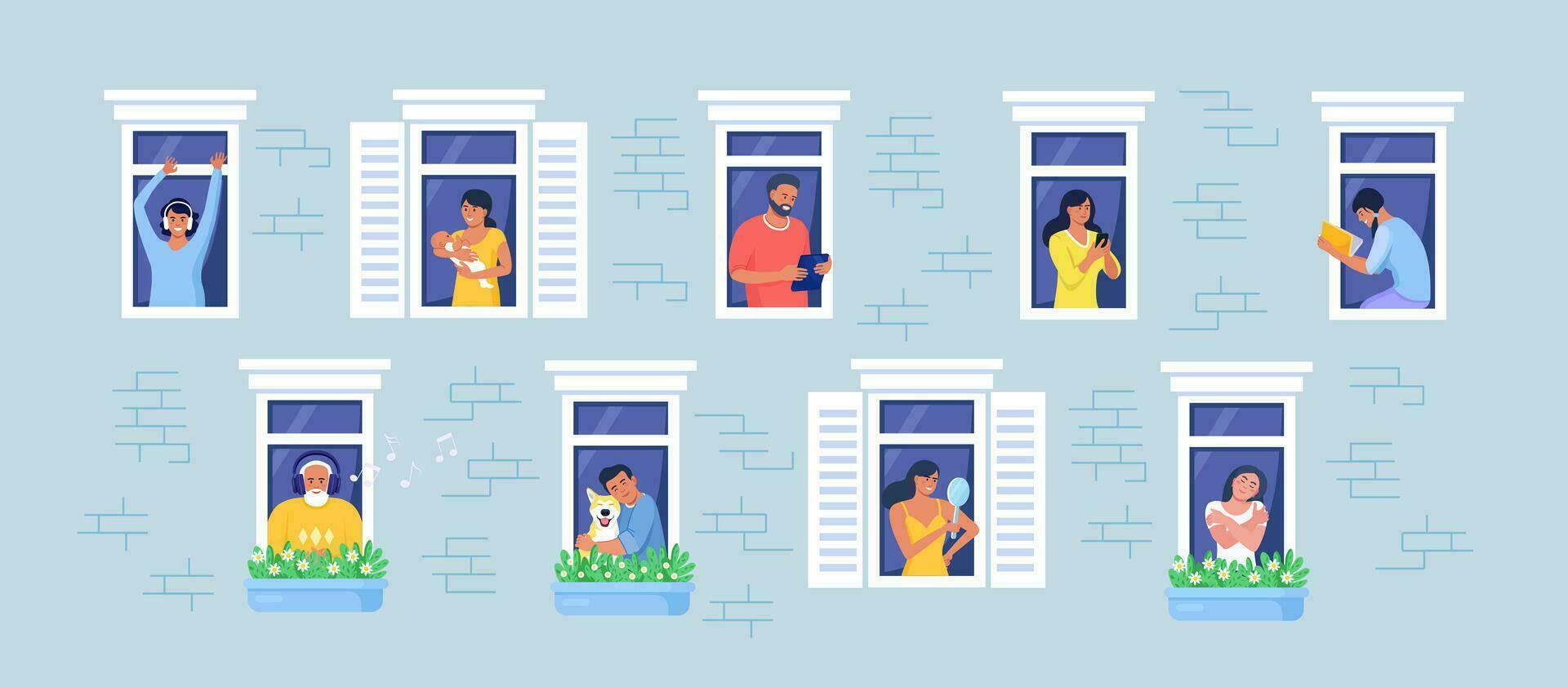 Outer wall of house with neighbors and dog at windows. Happy men and women look out of apartments reading, take photo, chatting with phone, hugging, listening music. Stay home, daily routine activity vector