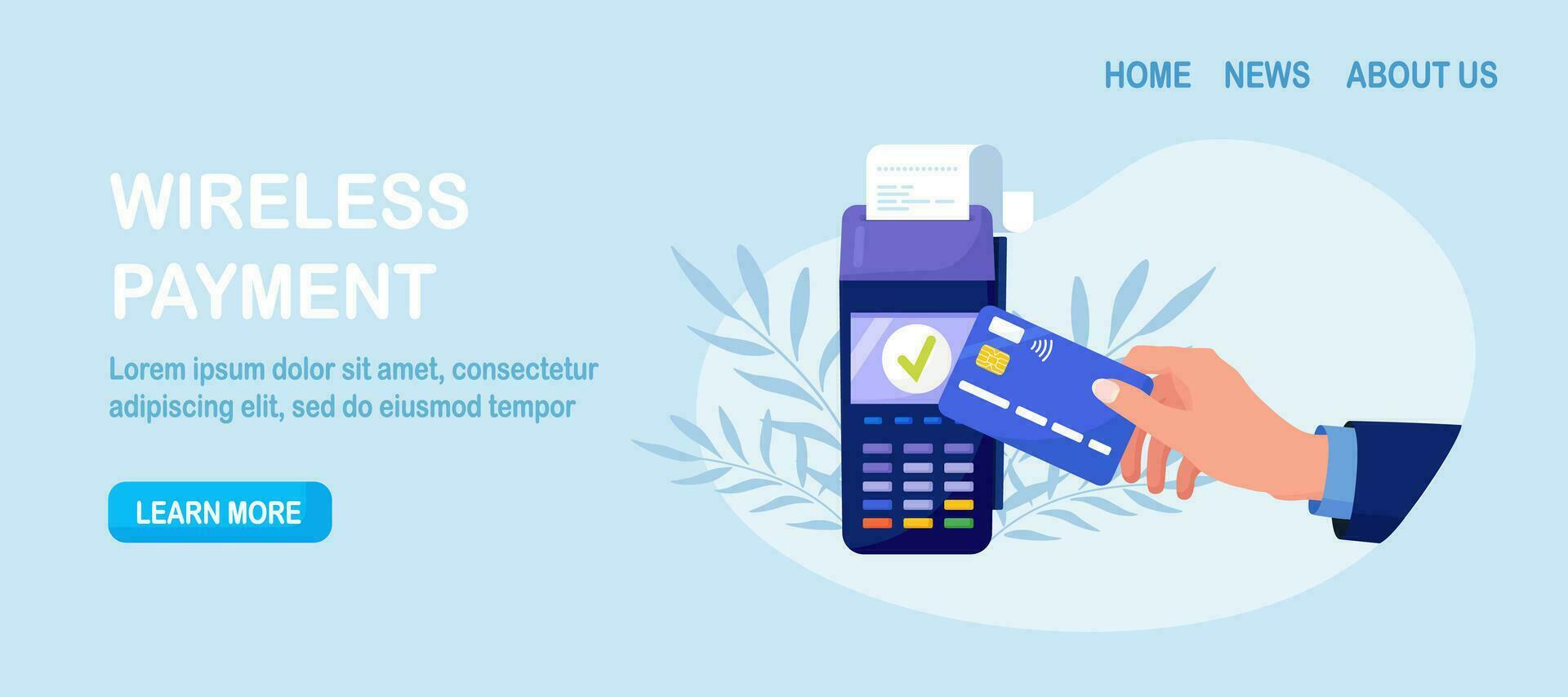 Contactless payment. Human hand holding credit or debit card close to the POS terminal to pay. Transaction by NFC technology. vector