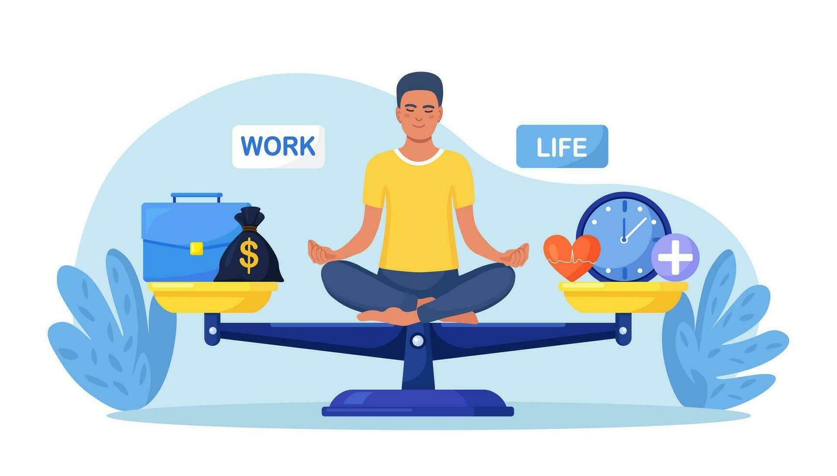 Life and work balance on scales. Man keep harmony choose between career and money versus health and time, leisure or business. Comparison stress and healthy life, family, love versus job vector