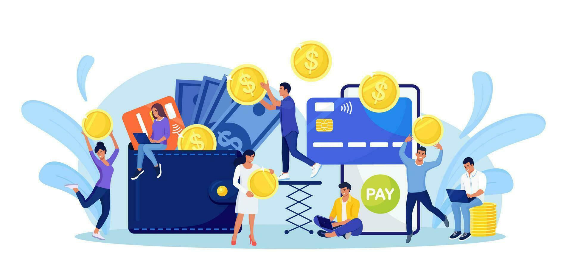 Online withdraw cash from smartphone to purse. Money transfer with digital wallet. Cashback, reward concept. Tiny people put huge coins to wallet with credit card, dollar bill. Online payment vector