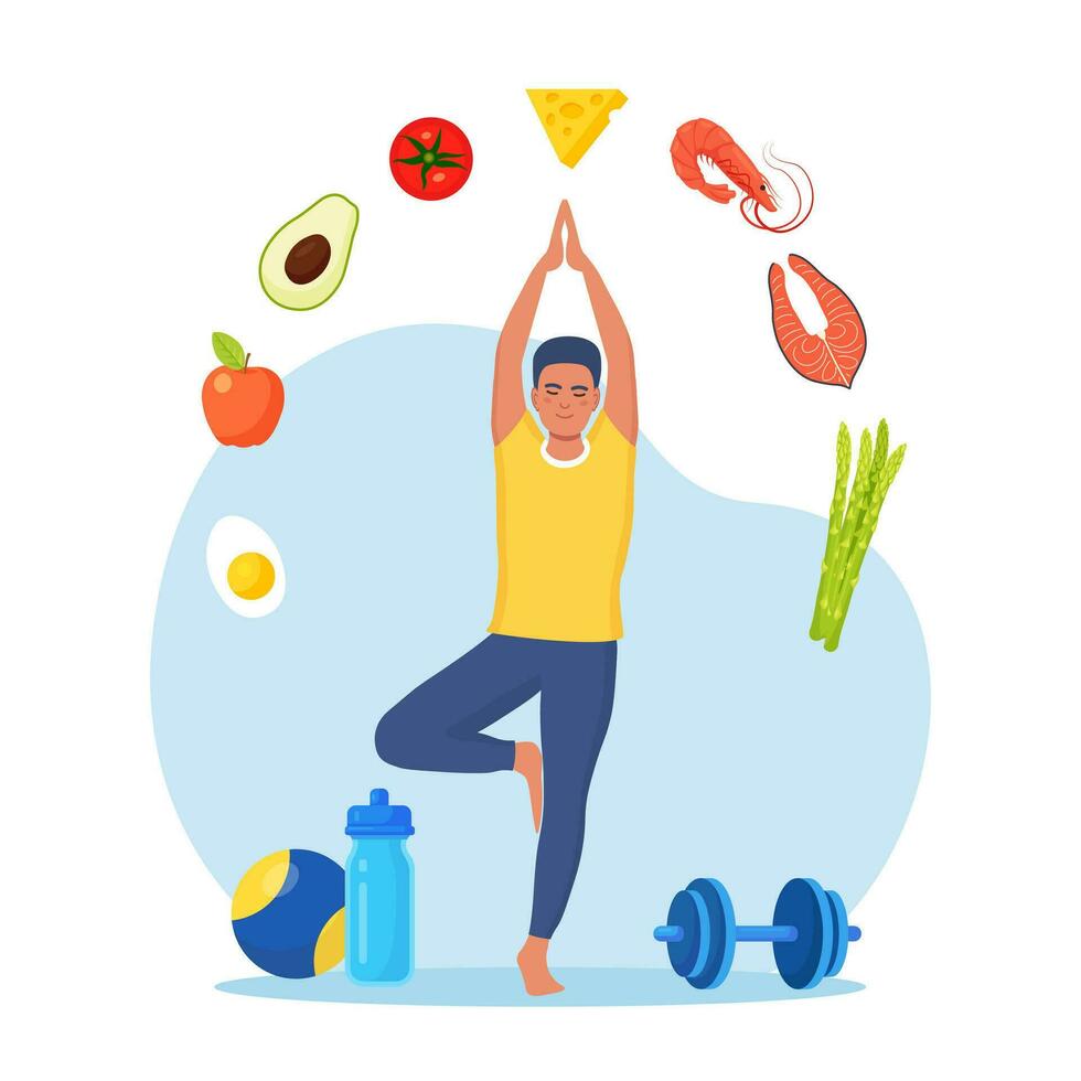 Diet plan. Man doing  exercise and planning diet with fruit and vegetable. Guy doing yoga. Dietary eating, meal planning, nutrition consultation, healthy food, sport. Health lifestyle, fitness vector
