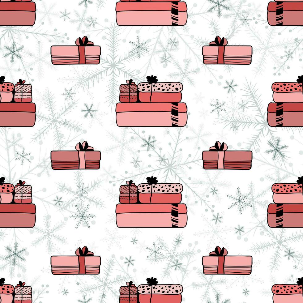 Hand drawn doodle various gift boxes with bows and ribbons and snowflakes in cute winter seamless pattern on a white background. vector