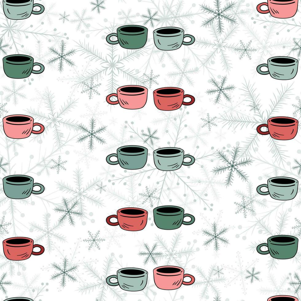 Two cute winter mugs of coffee or tea and snowflakes seamless pattern. Hand drawn doodle pair of coffee cups with snowflakes on a white background. vector