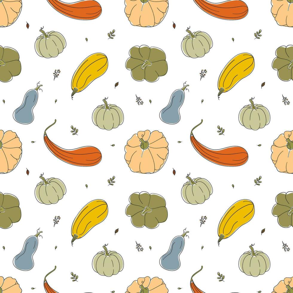 Seamless pattern with colorful pumpkins of different shapes vector