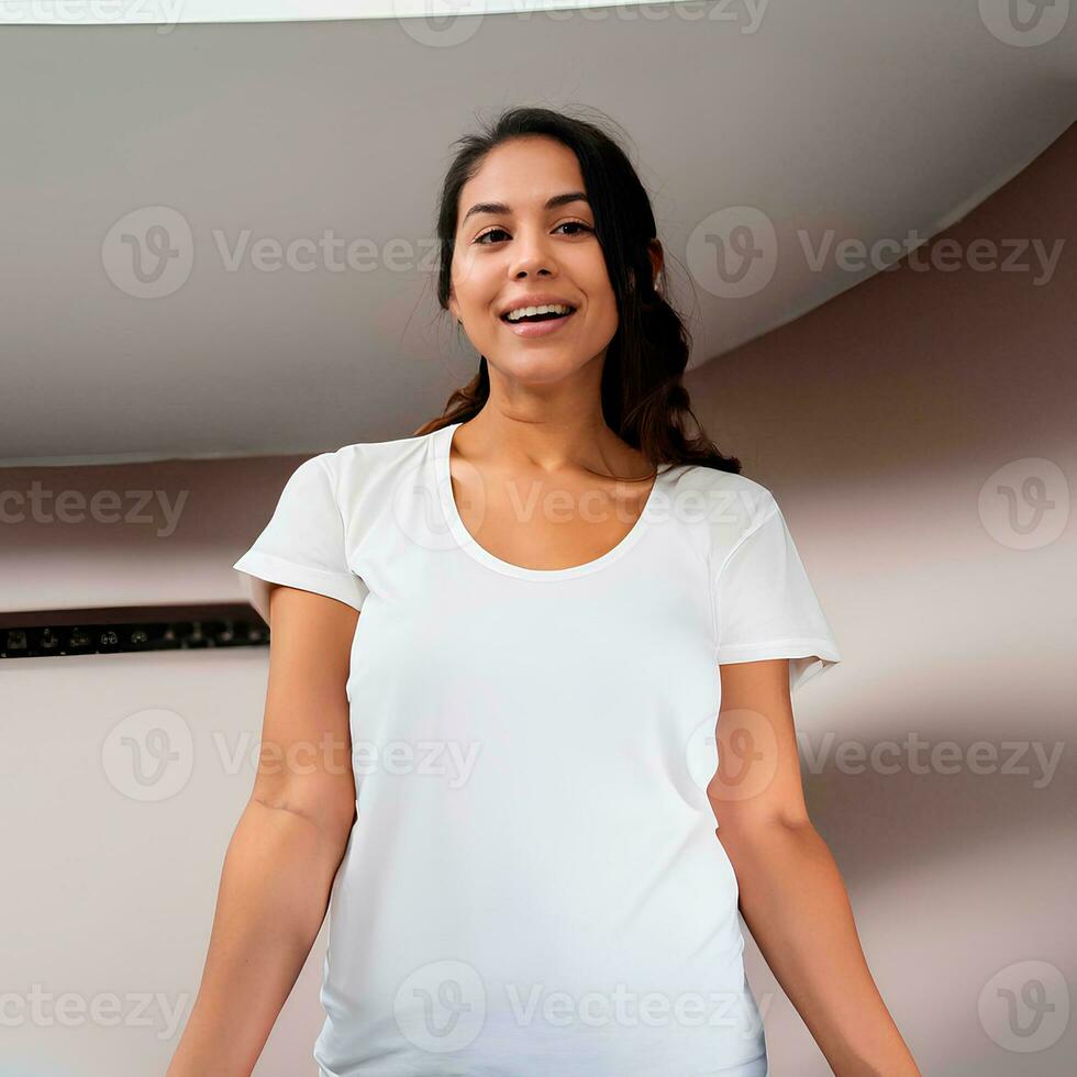 Happy smiling woman in white tshirt mockup photo