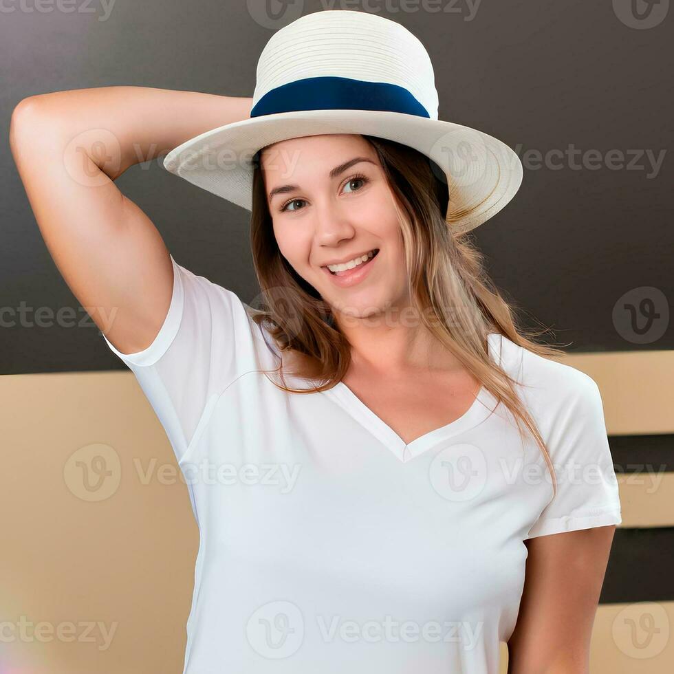 Happy smiling woman in white tshirt mockup photo