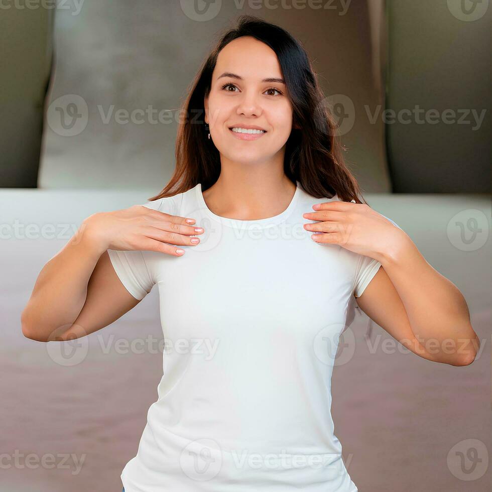 Happy smiling woman in white tshirt mockup photo