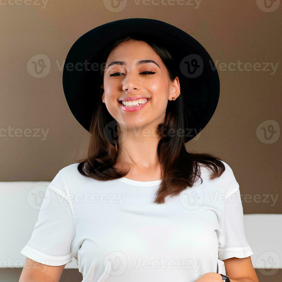 contento sonriente mujer en blanco camiseta Bosquejo foto