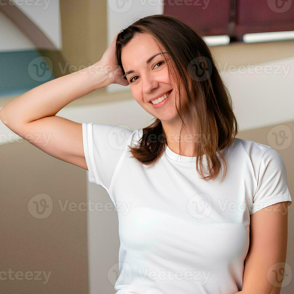 Happy smiling woman in white tshirt mockup photo