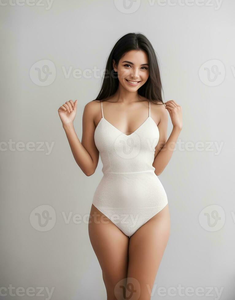 Happy smiling woman in white body with brown hair photo
