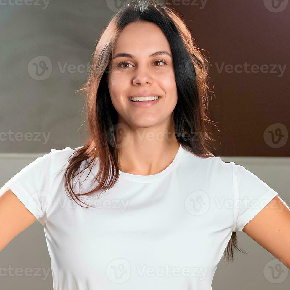 Happy smiling woman in white tshirt mockup photo