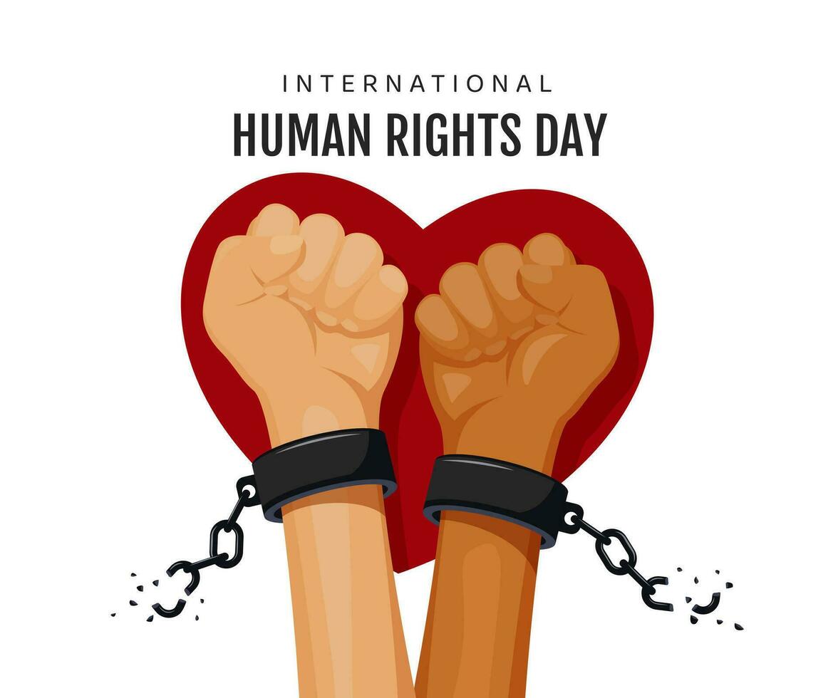 Vector illustration for Human Rights Day. Hands clenched into fists break the chains against the background of a heart.