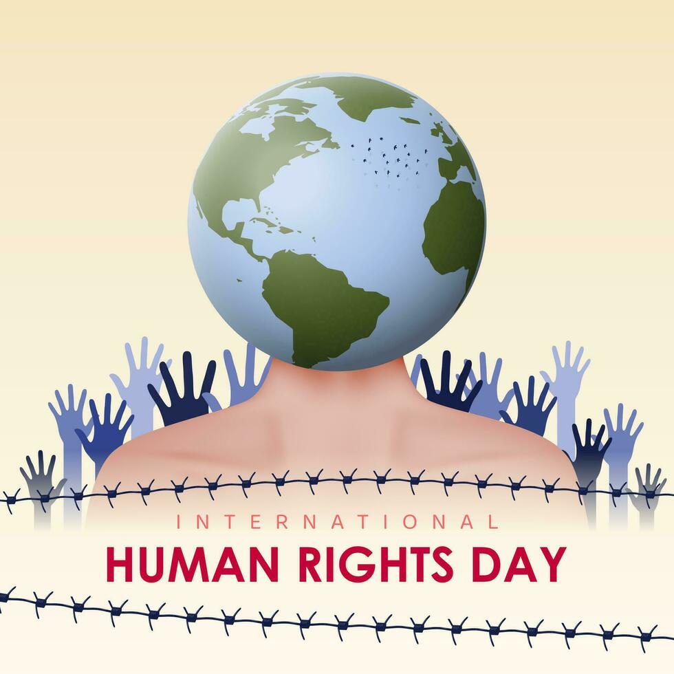 Hands reaching up, globe with inscription Human Rights Day. vector