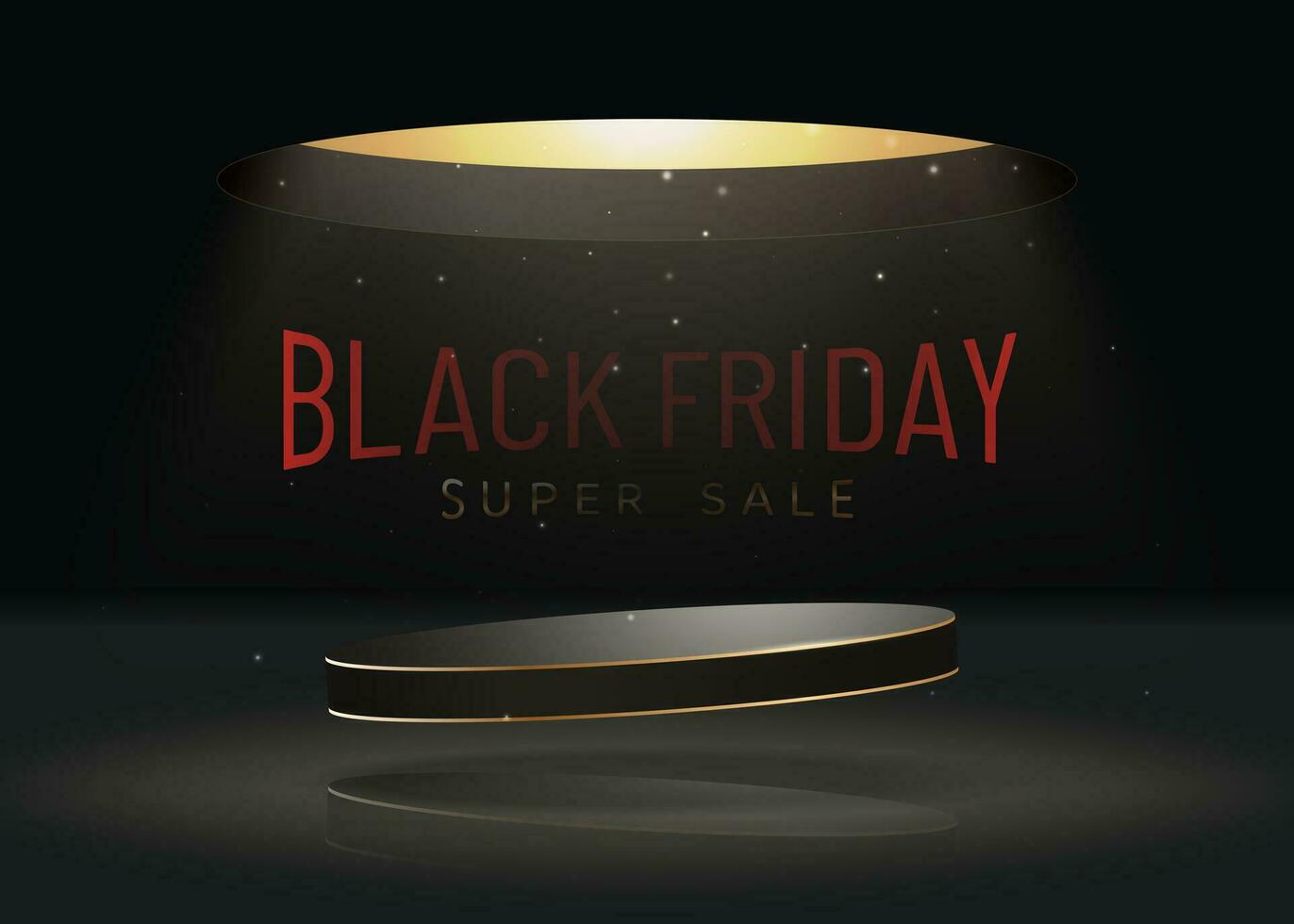 Black Friday sale. A round podium with golden lines illuminated by bright light against a background of red text. vector