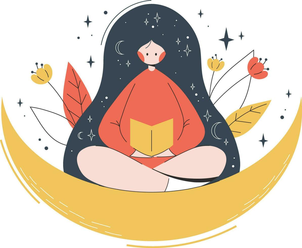 Cute girl with long hair and book in hands sitting on the moon. Night relaxation, hobbies, dreams vector