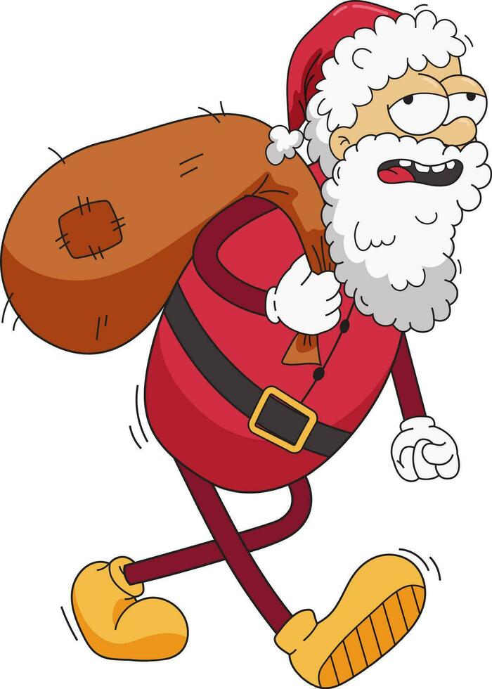 Tired Santa Claus with bag on his back. Retro cartoon character in the style of old school. Christmas character vector