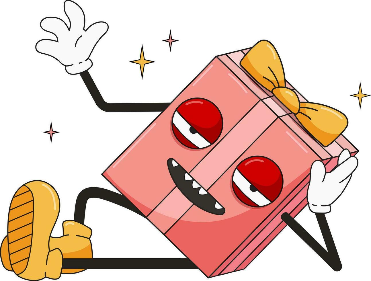 Crazy flirting gift box waving her hand. Funny retro cartoon character in the style of old school. Christmas Character vector