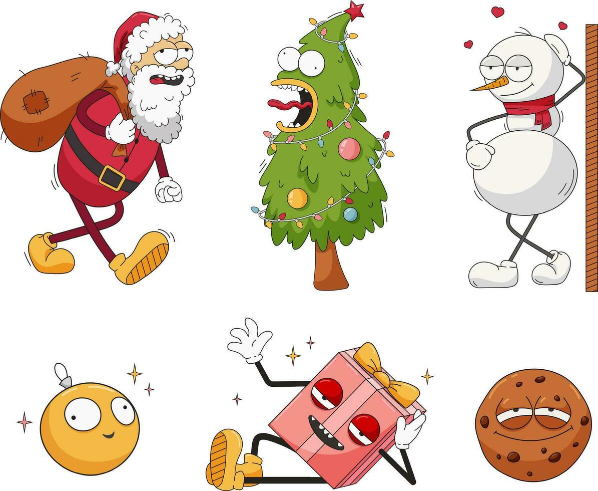 Set of Christmas and New Year characters. Santa, Christmas tree, gift, snowman, Christmas ball and cookies. Funny retro cartoon character in the style of old school vector