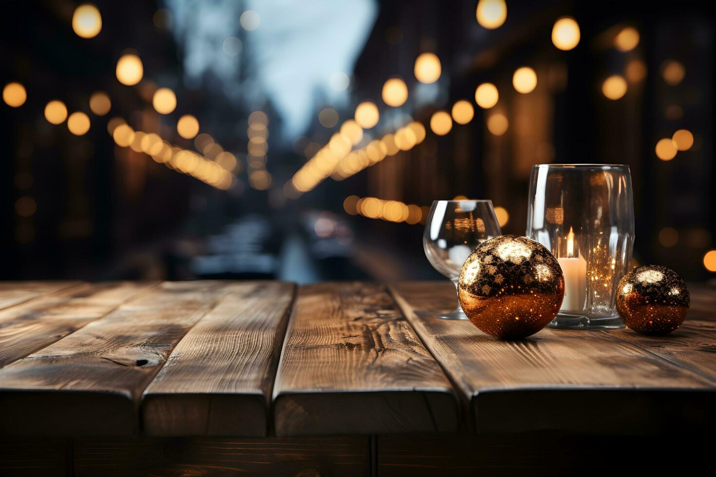 Christmas wooden table mockup with candles, glasses, balls and lights background. Festive template banner with creative bauble decoration and copy space. AI Generative photo