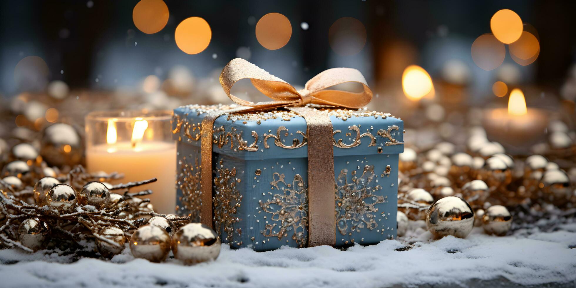 Gold gift box on the snow with christmas ornaments decoration on blurred glowing lights background. Festive banner styled composition. ai generated photo