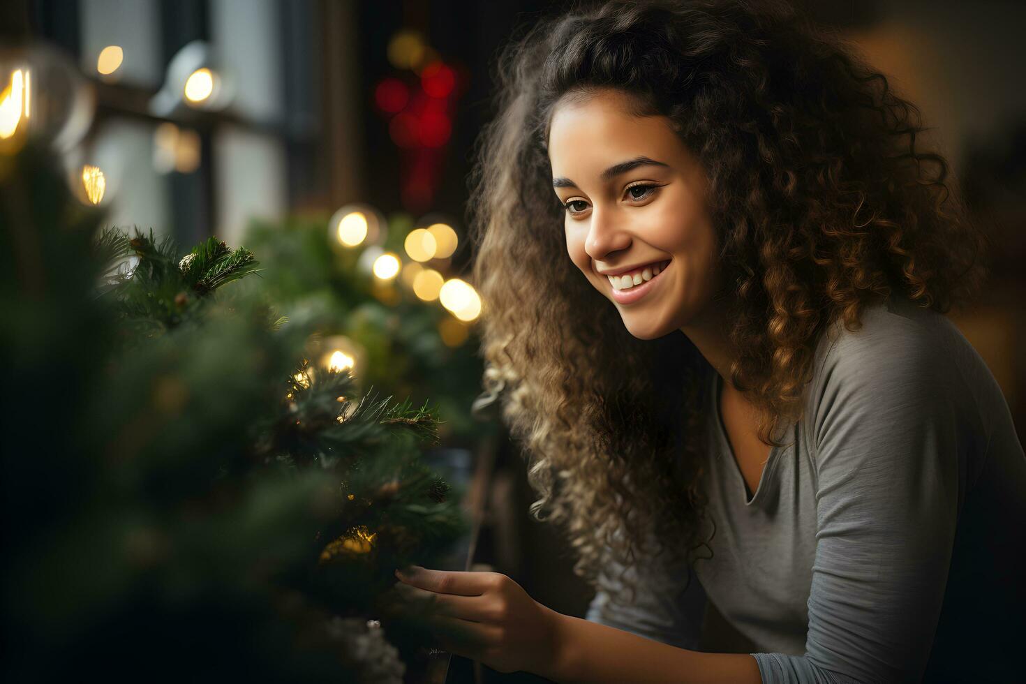 alegre joven mujer decorando el Navidad árbol. Navidad atmósfera a acogedor hogar interior. ai generativo foto