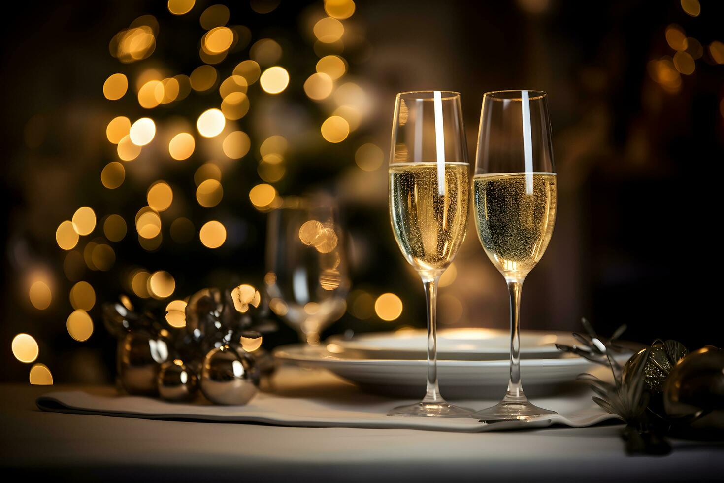 Champagne glasses on festive table with gold glowing bokeh background. Celebration background with sparkling wine. AI Generative photo