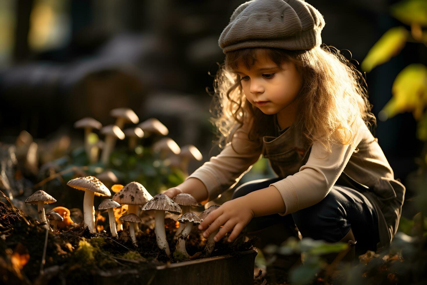 Happy child picking mushrooms in the autumn forest. Picking season and leisure people, fall concept. AI Generative photo