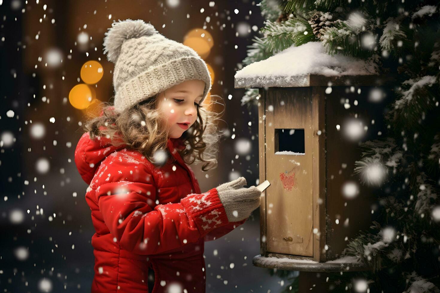 A little girl send a letter to Santa Claus in the christmas mailbox. Winter tradition surrounded by snowflakes. AI Generative photo