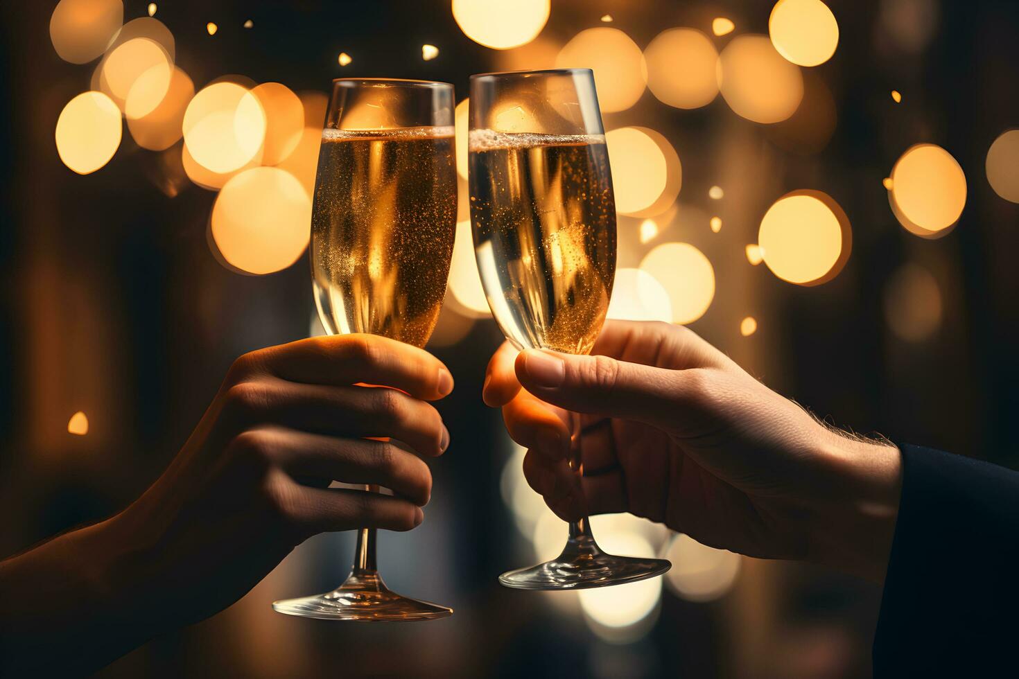 Hands of young couple holding champagne glasses on festive gold glowing bokeh background. Celebration background with sparkling wine. AI Generative photo