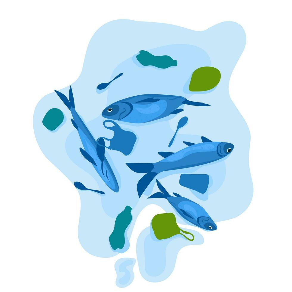 Vector illustration of fish dying due to plastic waste pollution in the sea. Movement to clean the sea from plastic waste.