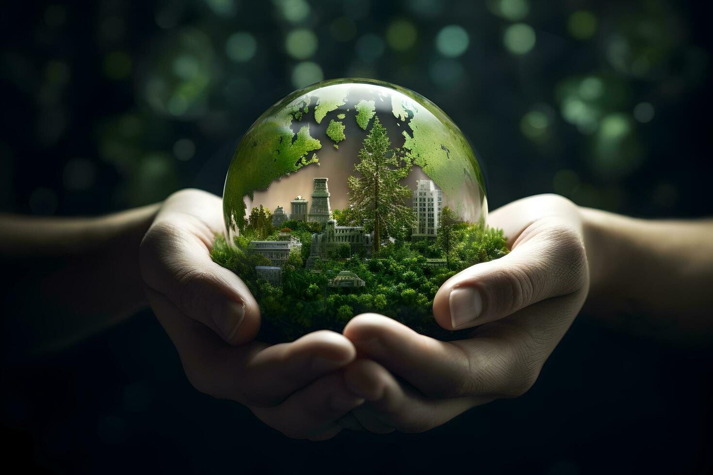 World environment and earth day concept with globe in the hands, nature and eco friendly environment. AI Generative photo