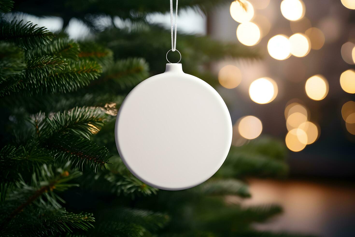 Christmas white glossy round bauble ornament on christmas tree with decoration and blurred bokeh lights background. AI Generative photo