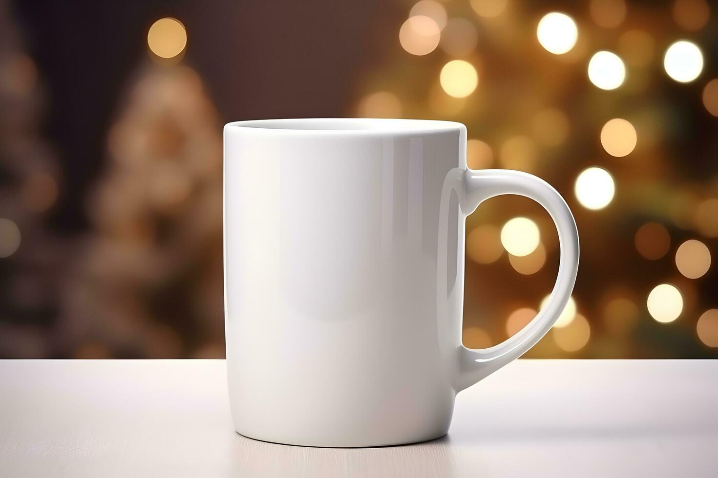 Blank white mug mockup on wooden table with christmas tree lights bokeh background. Holiday template composition. Copy space. AI Generative photo