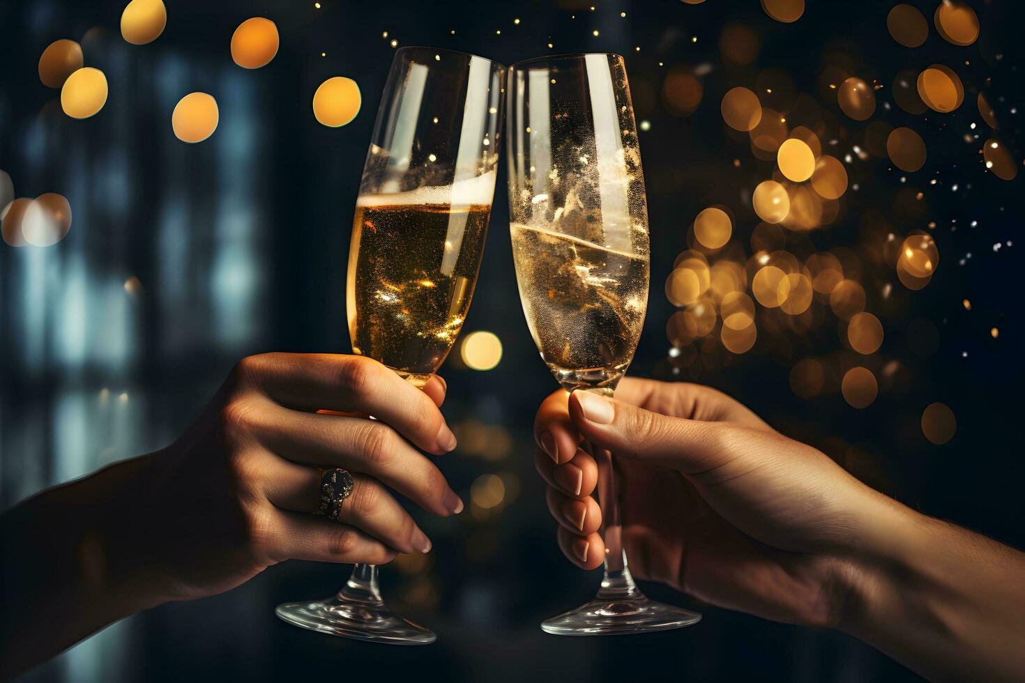 Hands of young couple holding champagne glasses on festive gold glowing bokeh background. Celebration background with sparkling wine. AI Generative photo