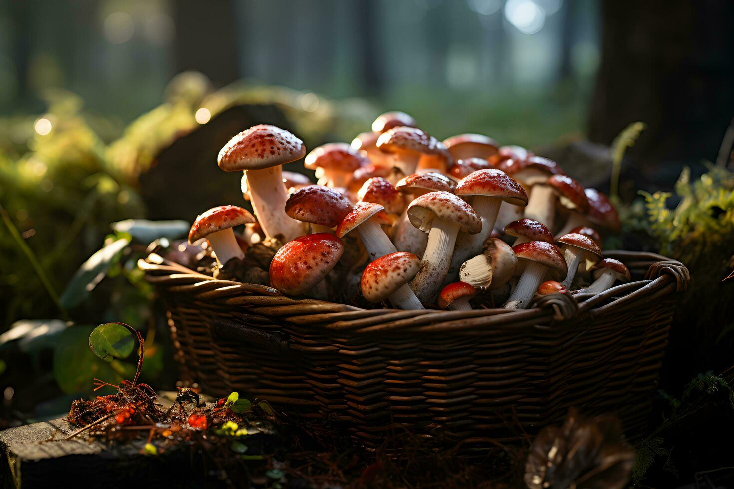 recién escogido hongos en un cesta en el otoño, otoño bosque antecedentes. foto