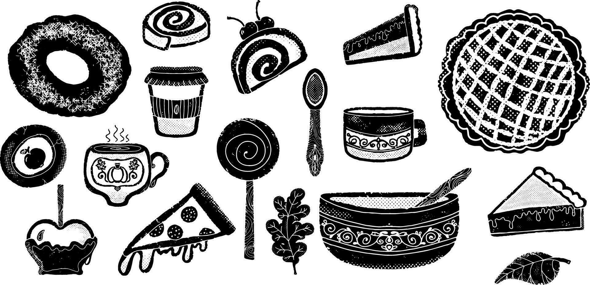 a black and white drawing of various food items vector