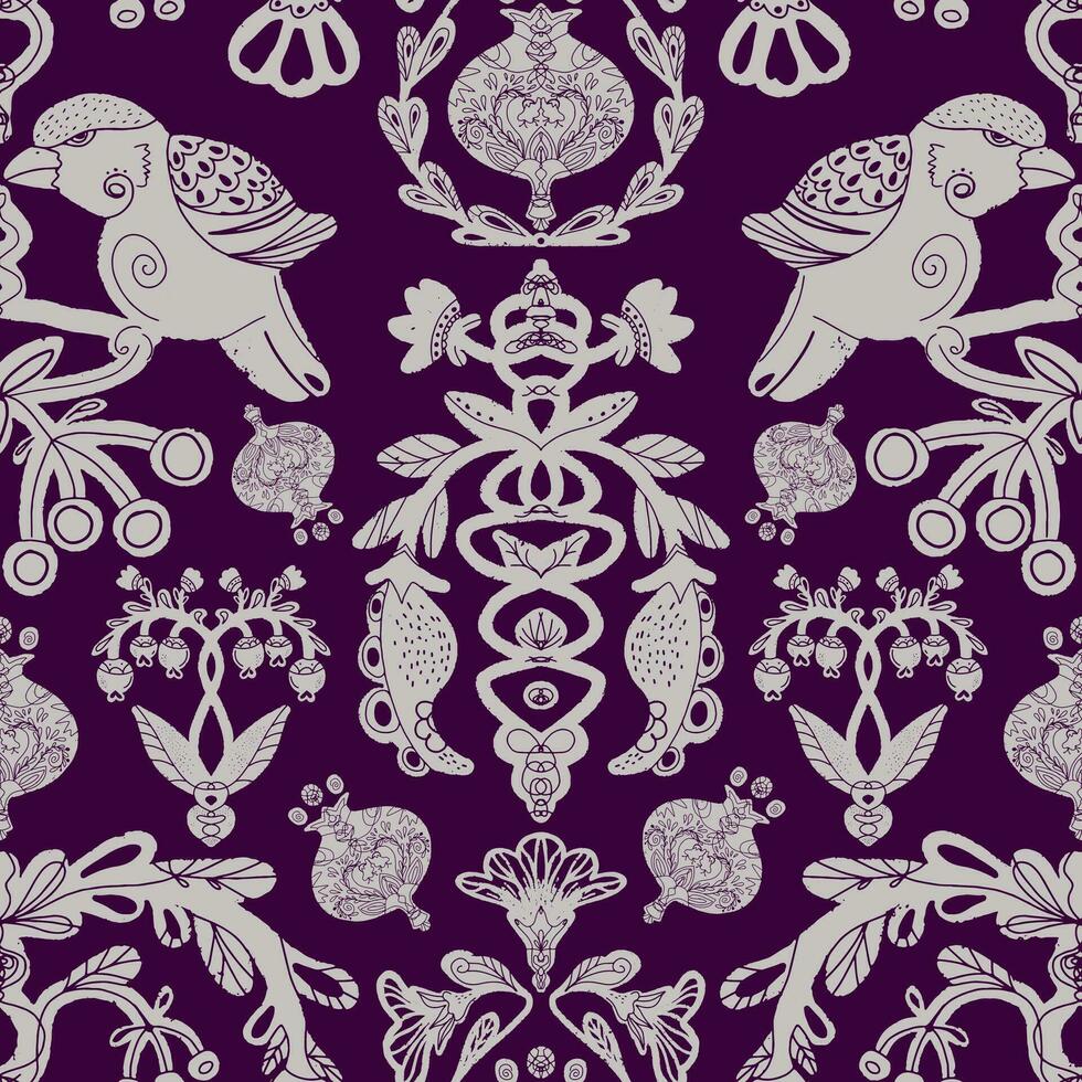 a purple and white floral pattern with birds and flowers vector