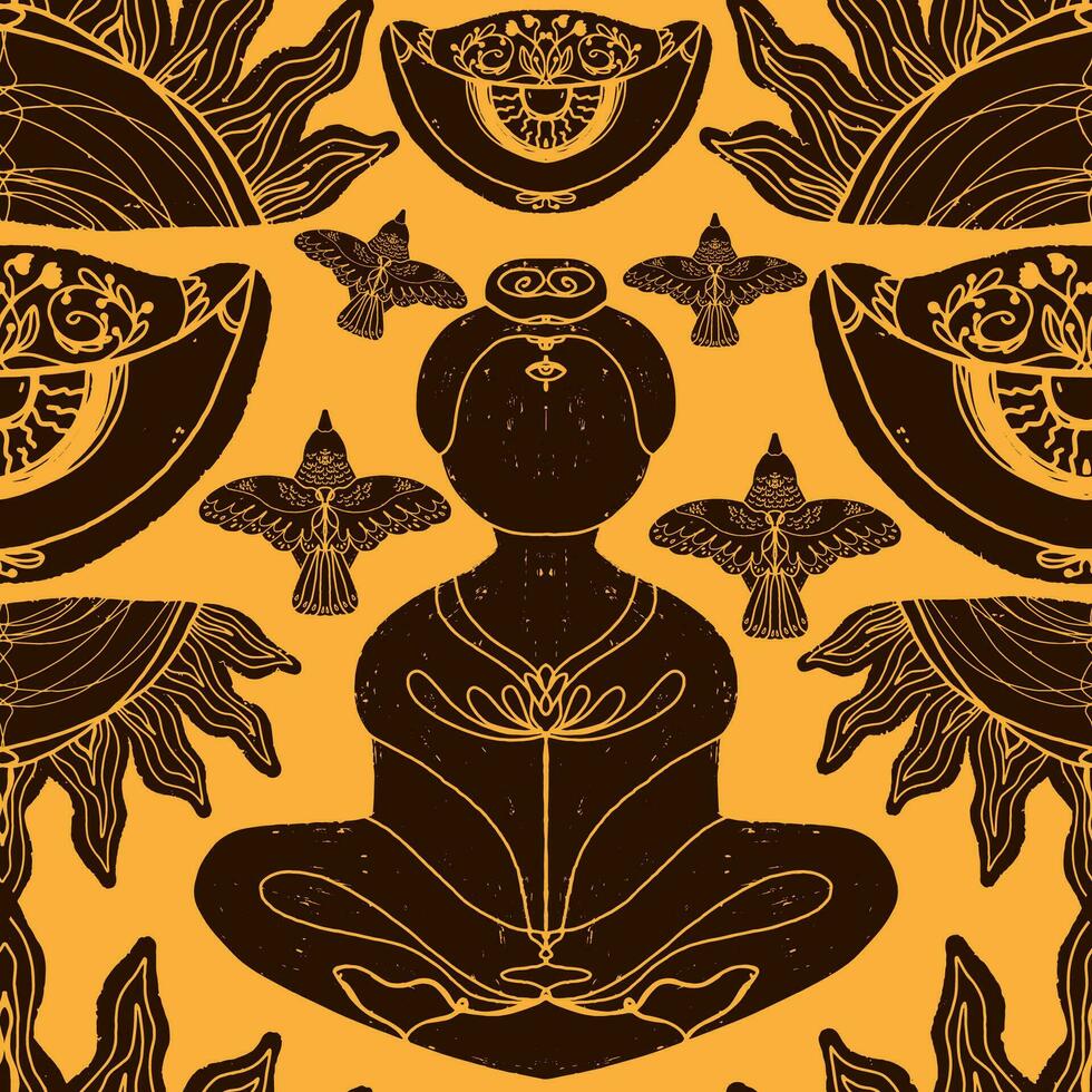 a black and yellow background with a woman in lotus position vector