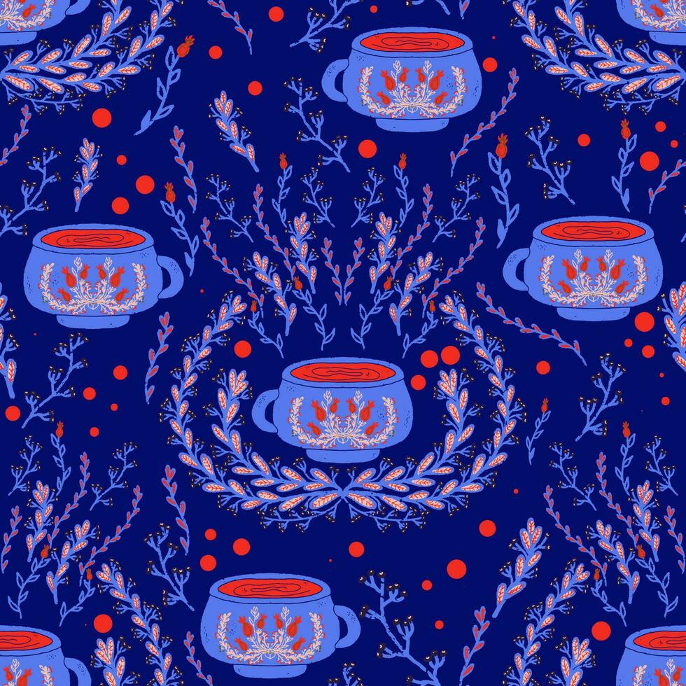 a blue and red pattern with tea cups and saucers vector