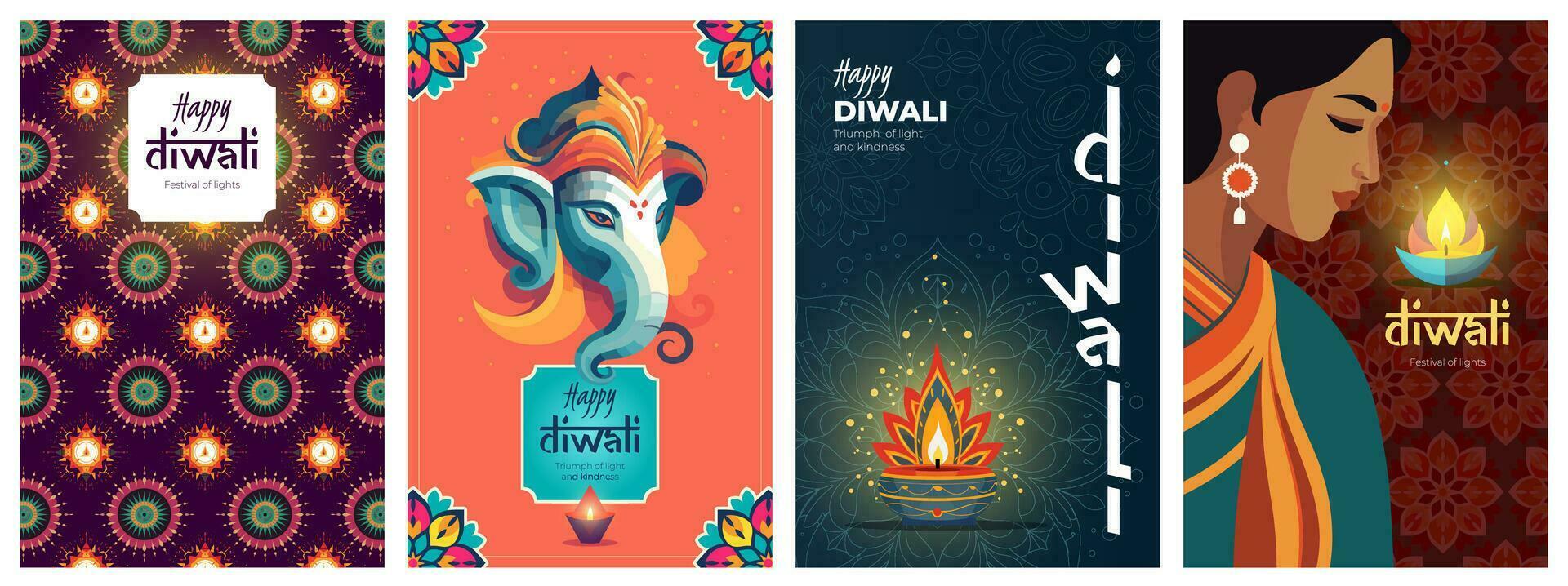 Indian holiday Happy Diwali poster. Deepavali or Dipavali India festival of lights print. Hindu celebration placard with diya oil lamp, elephant Ganesha and floral pattern. Creative art modern designs vector