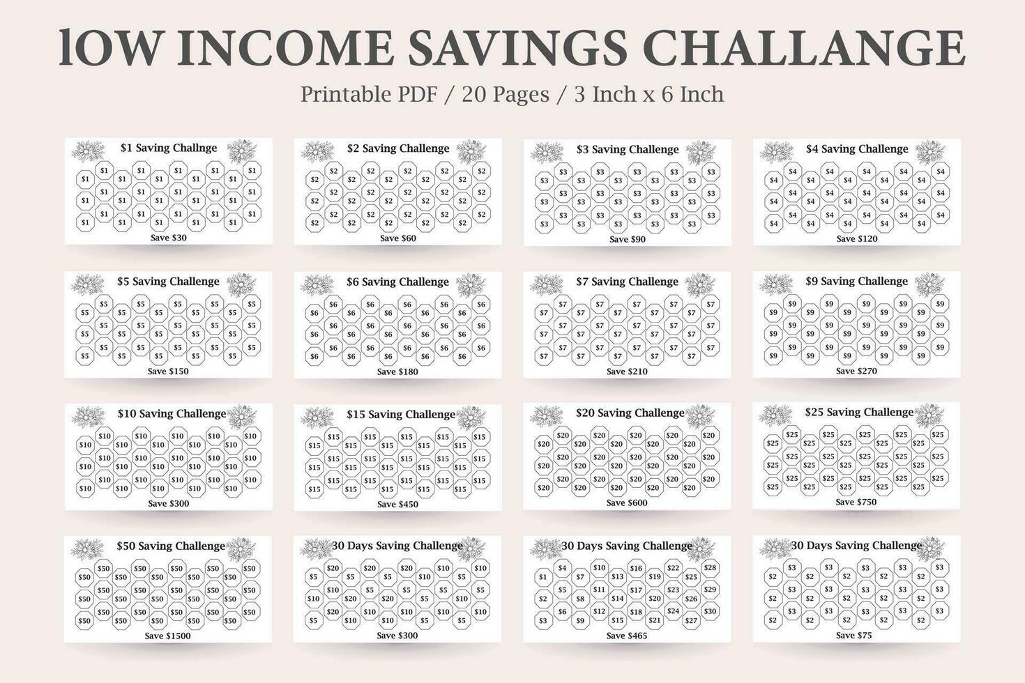 Low Income Savings Challenge,Low-Income Budgeting,Mini Savings Challenge Trackers,Budget-Friendly Savings Tracker,Money-Saving Planner vector