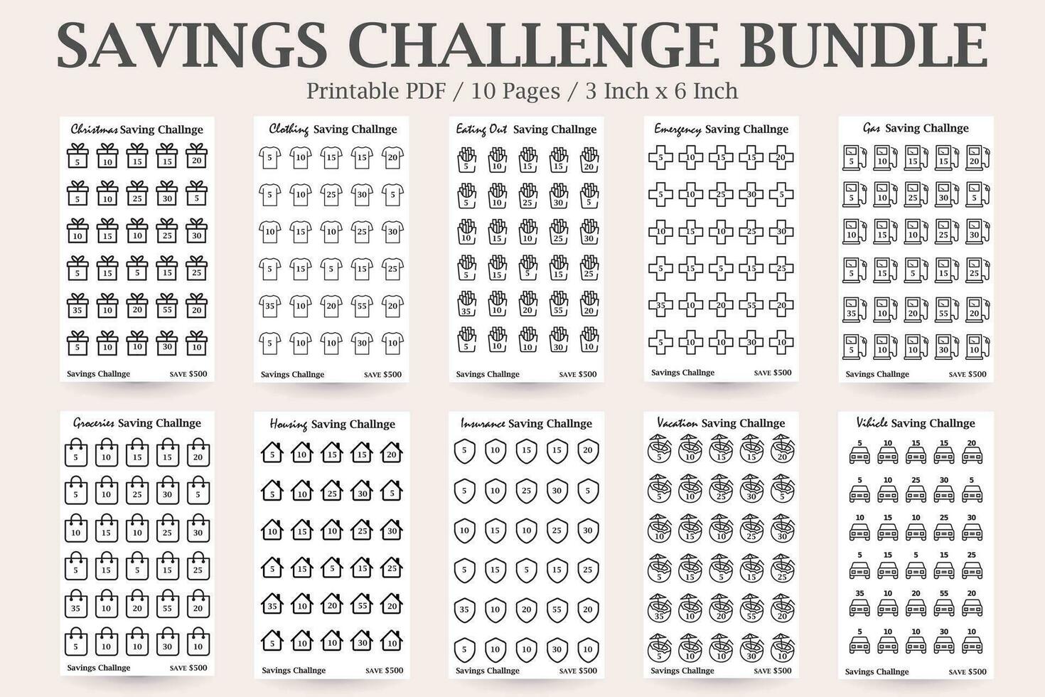 Savings Tracker Bundle,A6 Size Savings Challenge,500 Savings Goal Tracker,Money Savings Planner,A6 Savings Journal,Savings Tracker Set vector