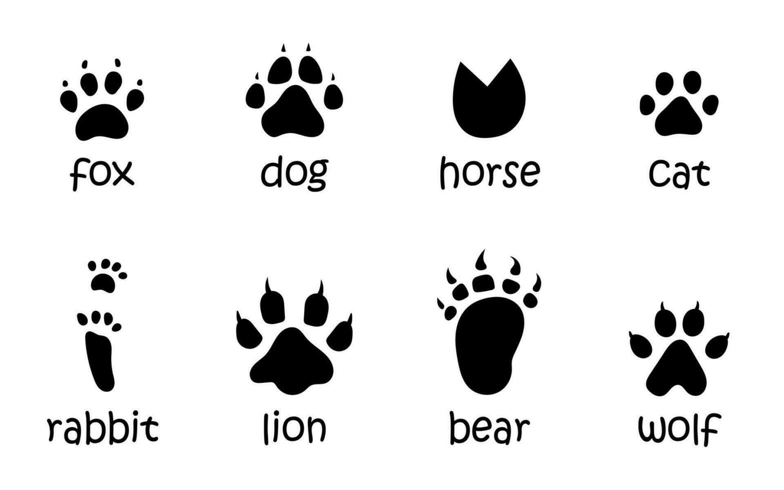 Vector set of animal footprints. Paw trace in black color. Animal feet silhouette collection.