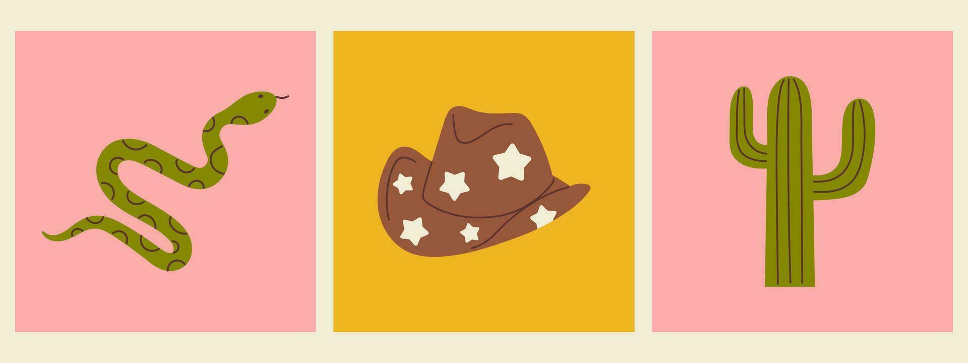 Vector set of western illustration. Retro square posters with cowboy hat, cactus and snake. Wild west and Texas concept.