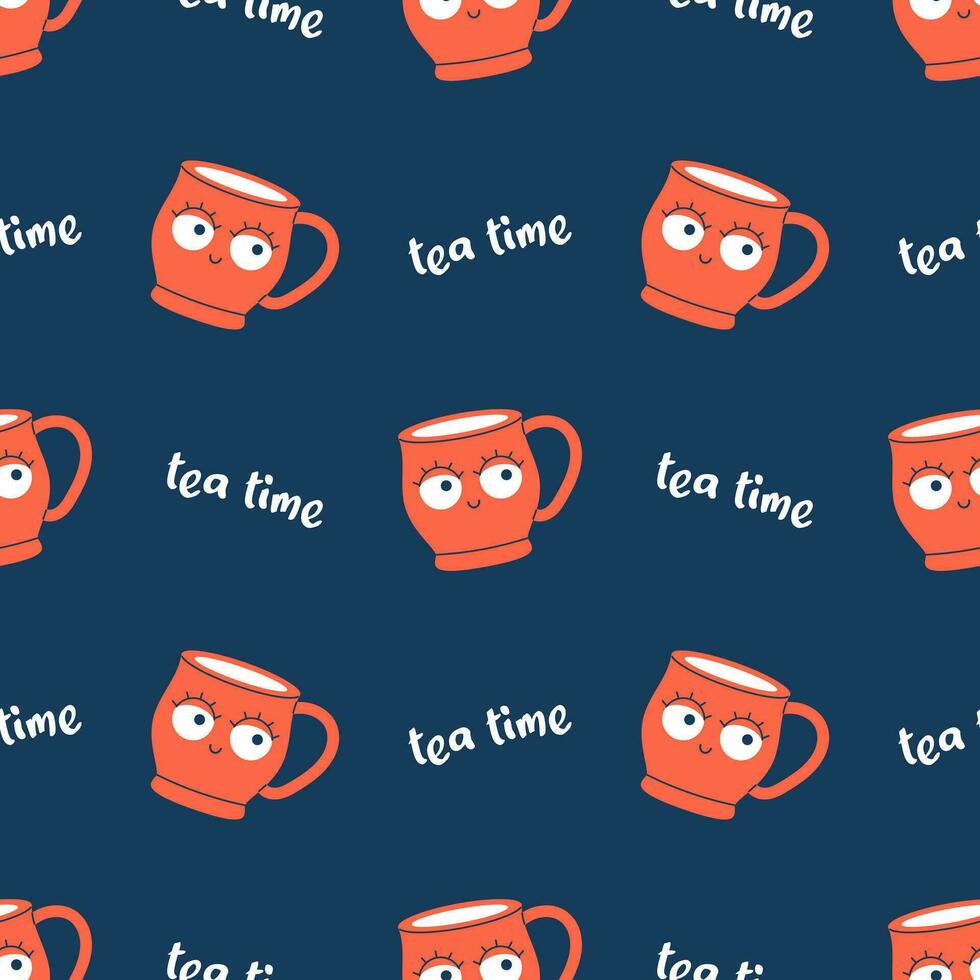 Vector seamless pattern of cute cups with eyes. Trendy pattern with funny smiling mugs with face. Modern drink cups and tea tea text on dark blue background.