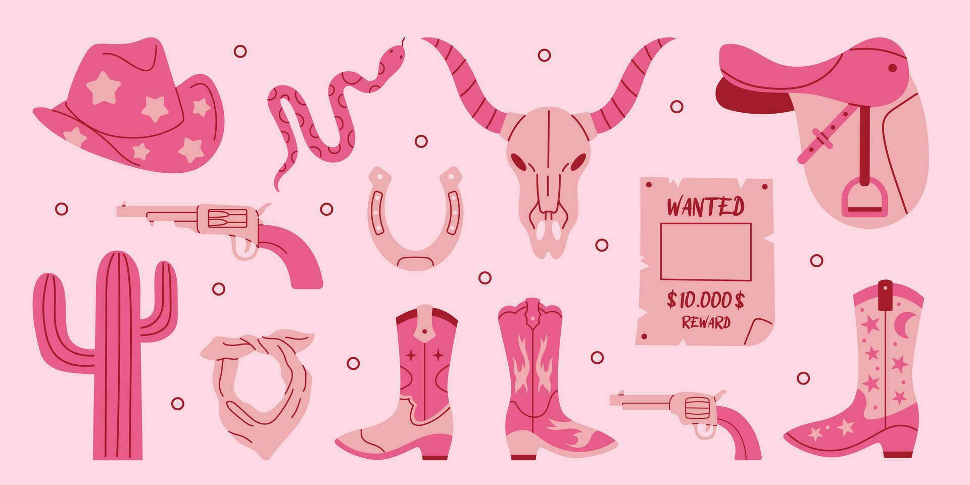 Vector western set. Retro pink glamour collection of cowgirl boots, bandana, hat, gun, cactus, horseshoe, cow skull, saddle, wanted poster and snake. Y2k wild west cowboy concept.