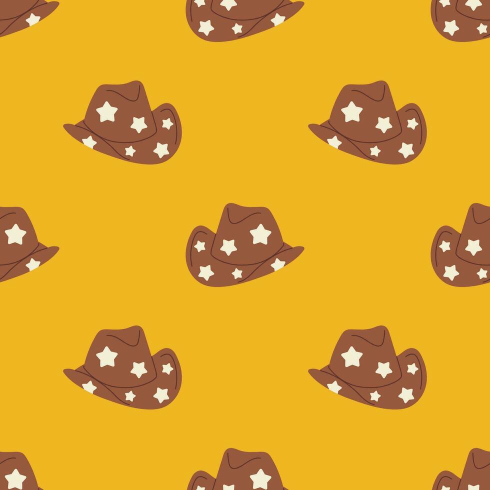 Vector western seamless pattern with cowboy hats. Sheriff hat on yellow background. Wild west and Texas concept.