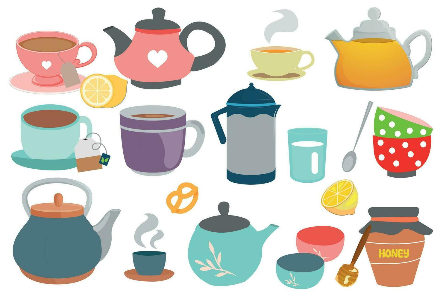 Set of items for tea. Teapots and Cups for tea and coffee. Vector illustration